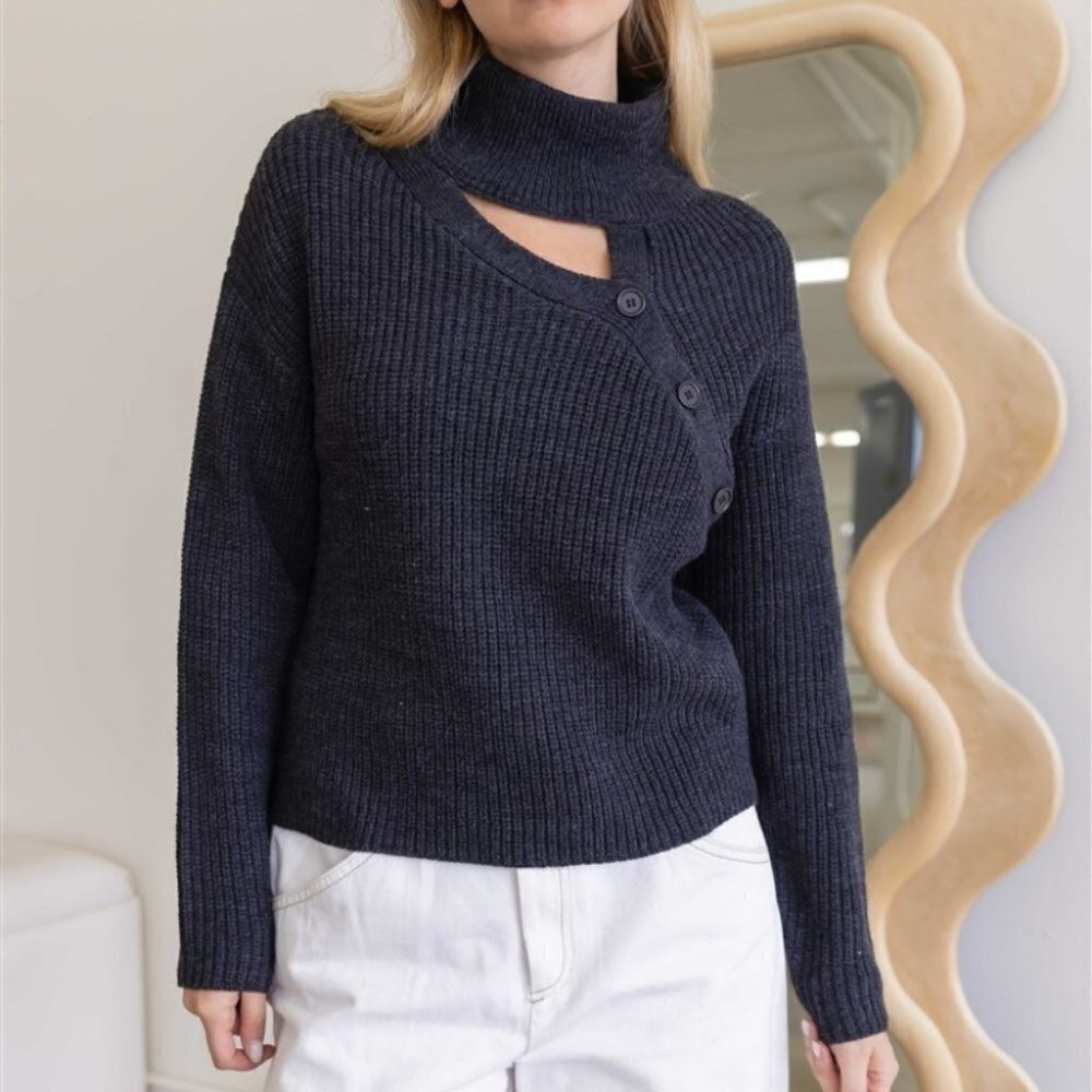 Turtle Neck Button detail Long Sleeve Sweater Dark Gray